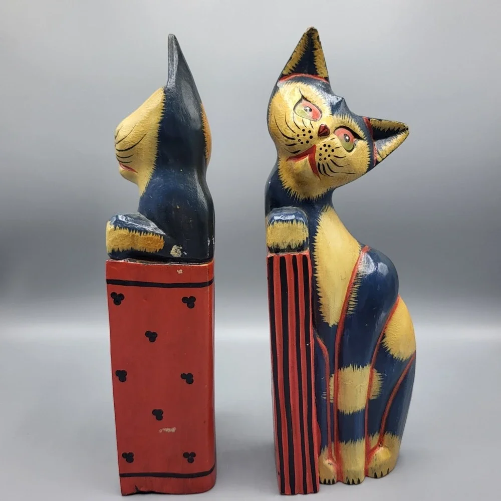Wooden Cat Bookends Hand Painted Folk Art Colorful Shelf Decor Blue Yellow Red